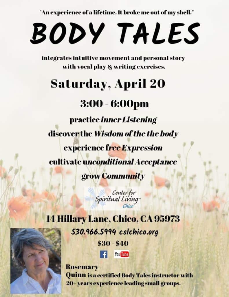 Chico ca events and dance classes. New flyer for Body Tales event in 2019
