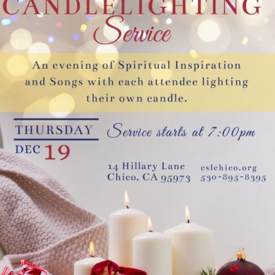 Flyer for Candlelighting Service by Center for SPiritual Living Chico with christmas themed candles and yellow and gray boarders