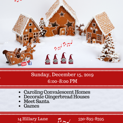 Flyer for Christmas caroling & crafts events for families, with red and white desgins with gingerbread houses