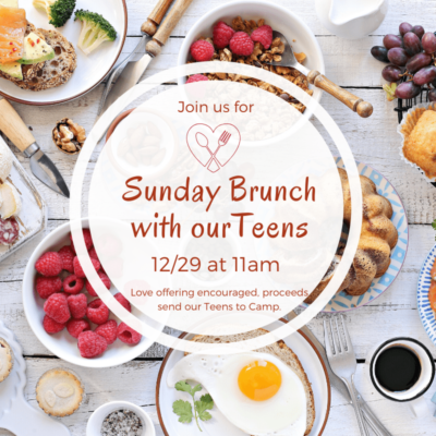Teen Brunch flyer with a background image of typical brunch food items such as berries and toast