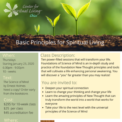 Science of Mind Foundations Class flyer with growing plants at the top