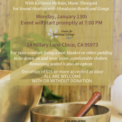 Flyer for 2020 Refresh your Body sound healing event at CSLChico. With an image of Tibetan singing bowls with a red wooded handle