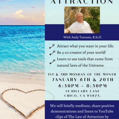 Flyer for Center for Spiritual Living's Law of Attraction Class in 2020. With an image of a warm tropical ocean beach, with a heart shape drawn in the sand.