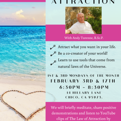 Law of Attraction, positive thinking and empowerment workshop flyer Law of Attraction in Chico. With an image of an ocean beach with a sand heart