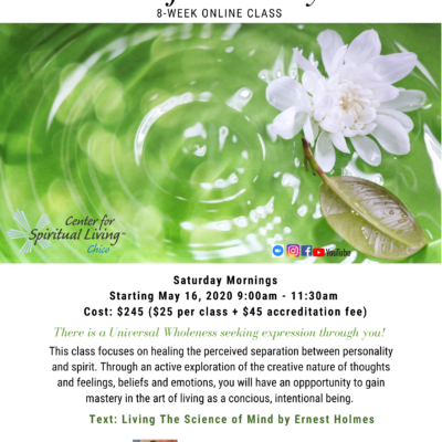 Spiritual Consciousness Class flyer in Chico Ca for Self Mastery. the flyer has an image of a white lotus flower creating ripples of water.