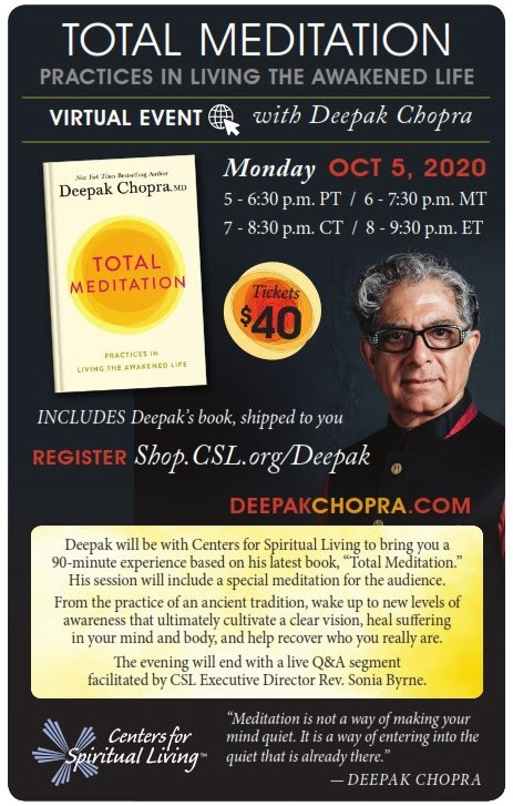 Total Meditation event with Deepak Chopra online book meditation event on October 5th 2020