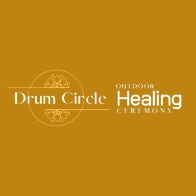 Image if Drum Circle Healing Ceremony logo and yellow brown background color