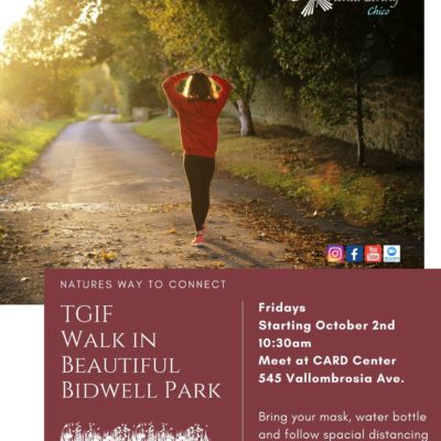 Flyer for TGIF Bidwell Park walk in the Park event with a photo of a woman in red walking on the park and burgundy box frame for flyer text