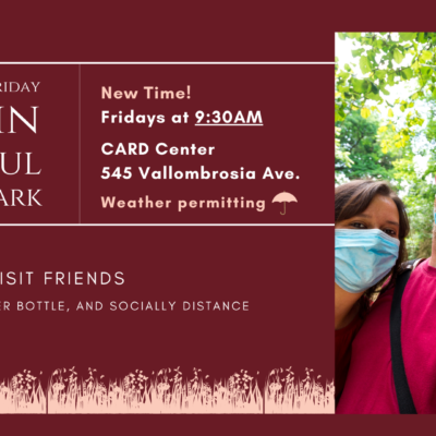 Flyer for TGIF Bidwell Park walk in the Park event with a photo of a woman in red walking on the park and burgundy box frame for flyer text