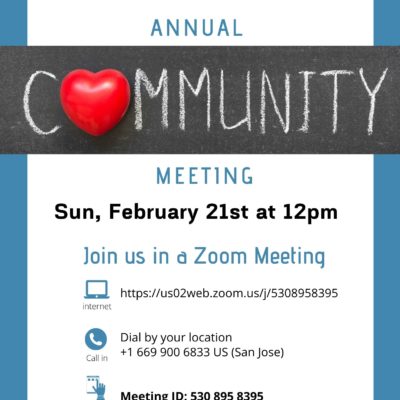 A simple read, blue and white flyer for our boards community meetings. image has a chalk writing for "community with a large 3d heart shape