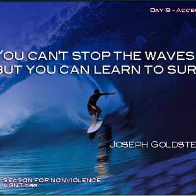 Learn to surf the waves of life quote by Joseph Goldstein image of someone surfing. SNV 2021