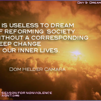 Day 9 Season for Nonviolence quote with image of amber cloud background and sunlight