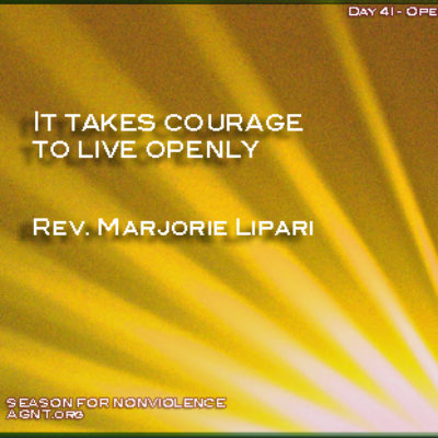 Rev. Marjorie Lipari quote with yellow glow. For Season of Nonviolence