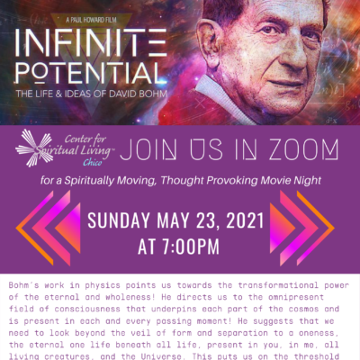 Infinite Potential The Life & Ideas of David Bohmikm Movie Night Flyer with purple background based on physics