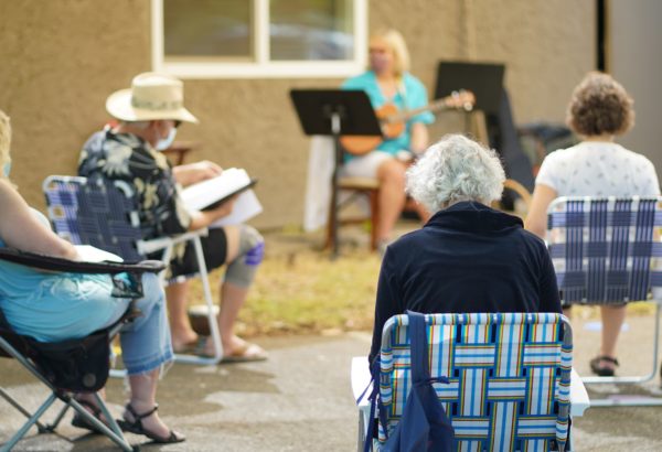 Center for Spiritual Living Chico Choir meeting outside for covid people social distancing