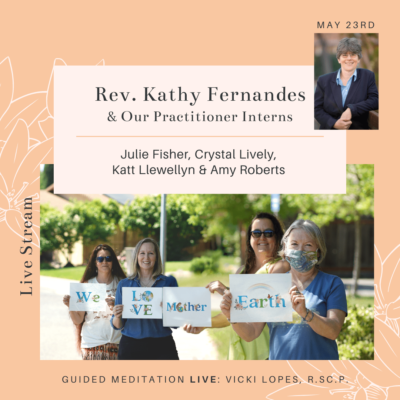 Newly registered Science of Mind Practitioners speaking as guest speakers on Sunday image of group of women smiling and holding we love mother earth signs on a soft pink background with text of date and time